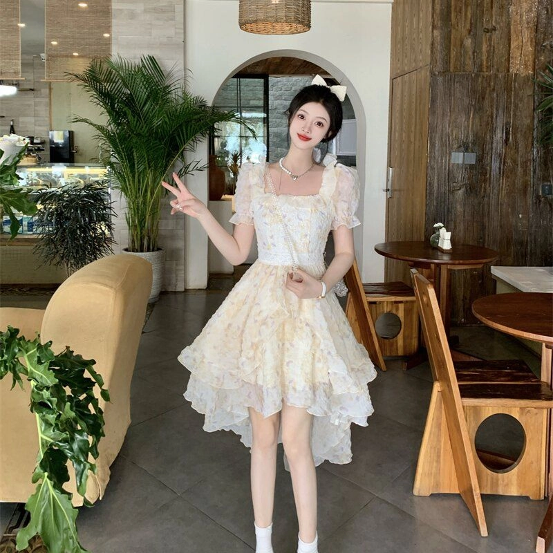 兰缪 法式甜美减龄方领蝴蝶结女夏季薄款不规则碎花蓬蓬裙公主裙极繁主义短袖连衣裙  女款