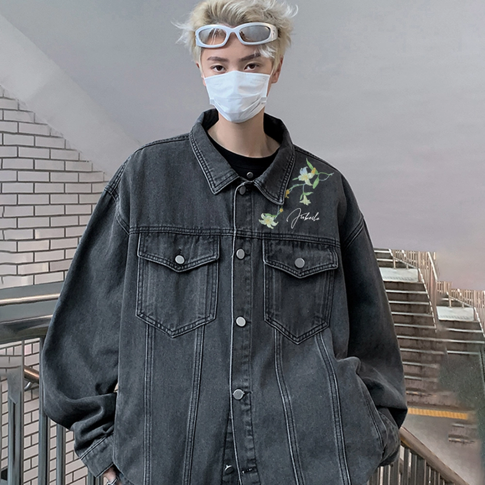金贝勒 美式高街手绘刺绣植物花卉字母印花复古水洗做旧宽松潮流时尚痞帅慵懒学院翻领单排扣牛仔外套 男女同款