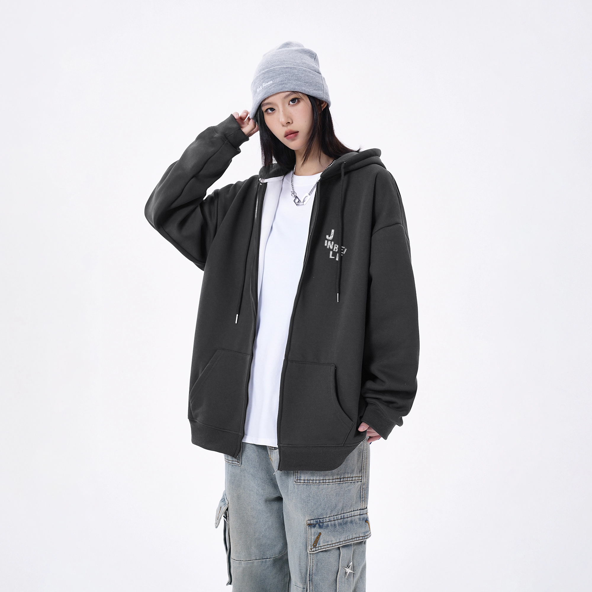 金贝勒 运动百搭休闲星星字母印花宽松落肩开衫拉链连帽卫衣 男女同款