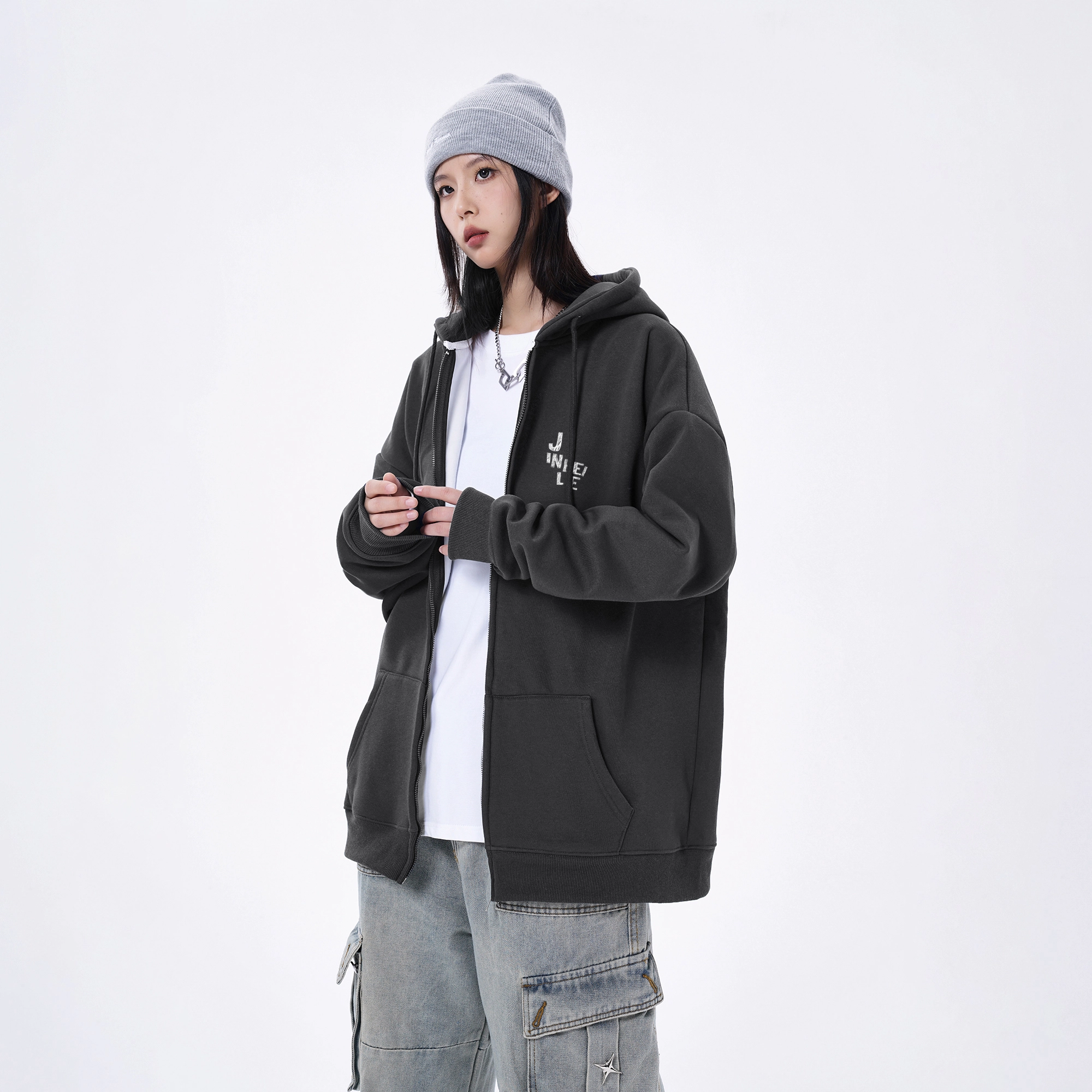 金贝勒 运动百搭休闲星星字母印花宽松落肩开衫拉链连帽卫衣 男女同款