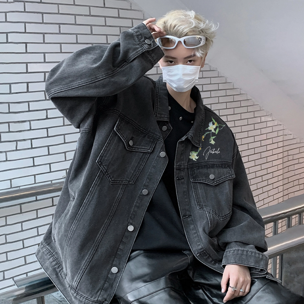 金贝勒 美式高街手绘刺绣植物花卉字母印花复古水洗做旧宽松潮流时尚痞帅慵懒学院翻领单排扣牛仔外套 男女同款