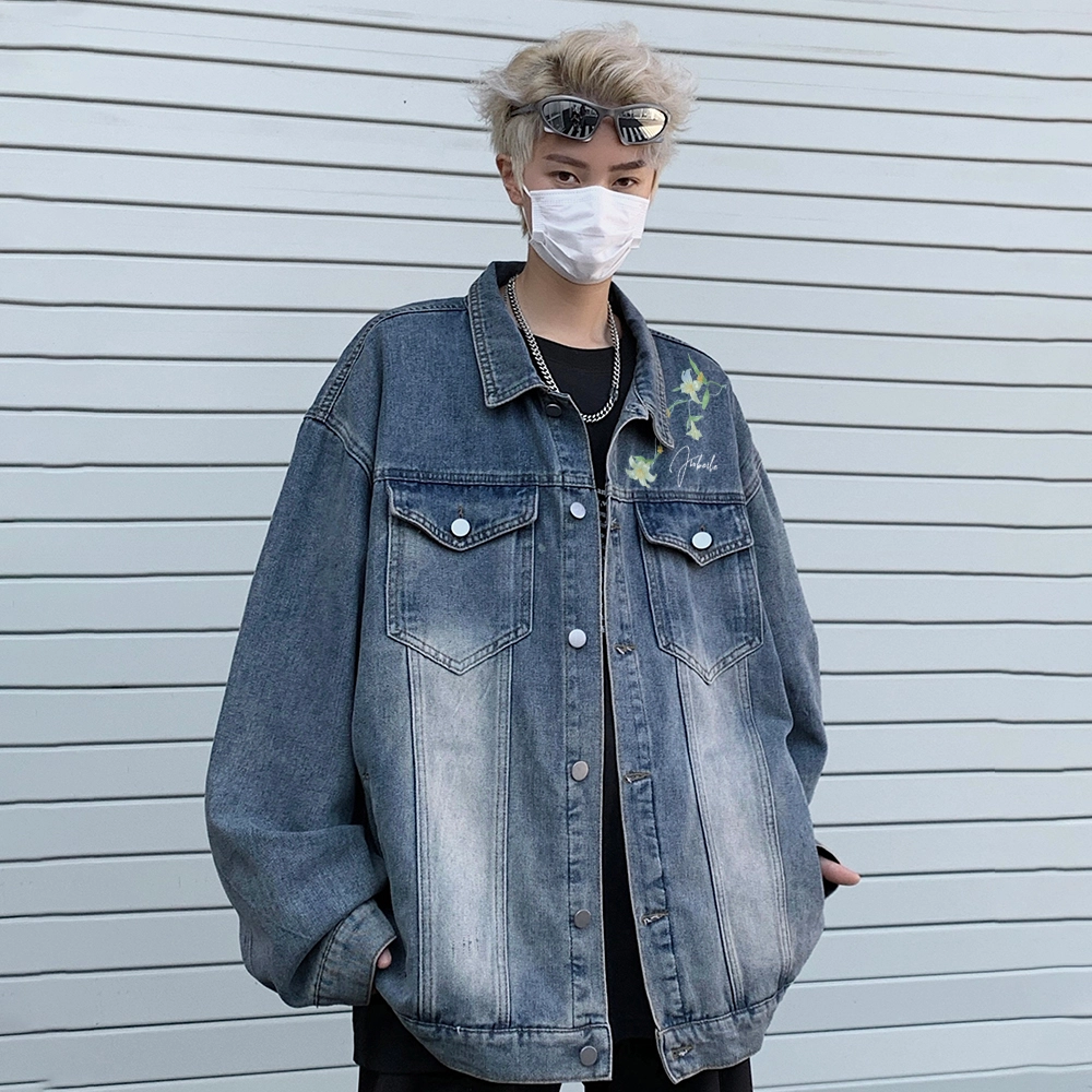 金贝勒 美式高街手绘刺绣植物花卉字母印花复古水洗做旧宽松潮流时尚痞帅慵懒学院翻领单排扣牛仔外套 男女同款