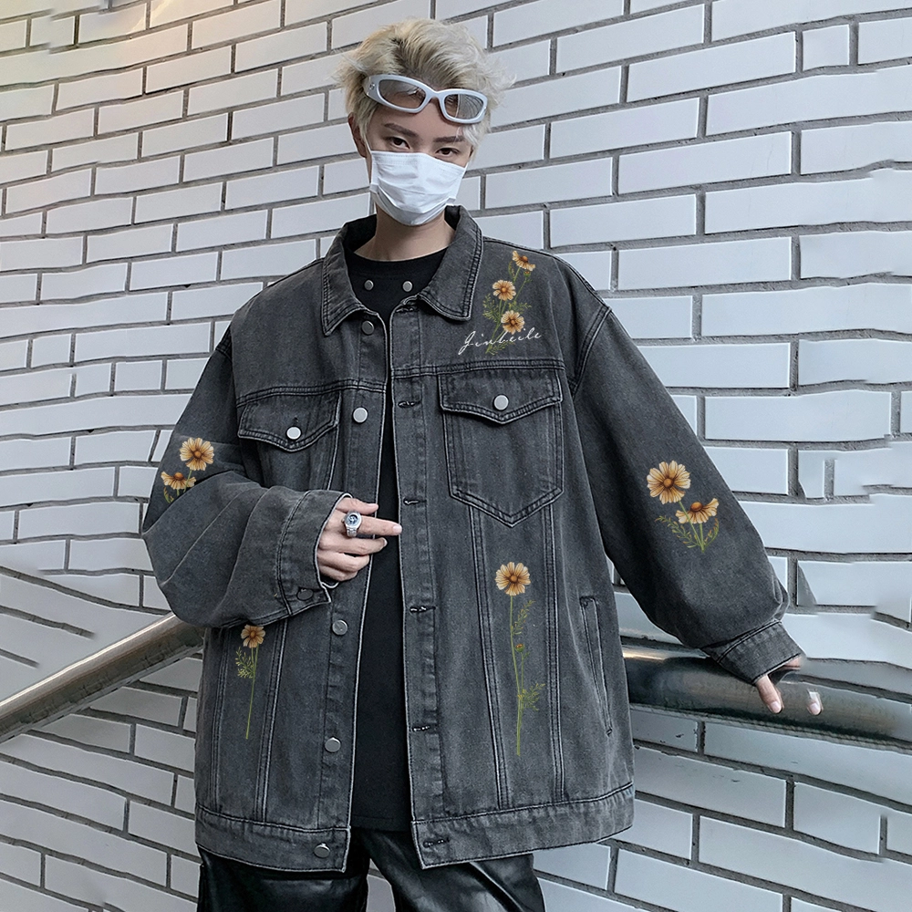 金贝勒 美式高街手绘仿刺绣植物花卉字母印花复古水洗做旧宽松潮流时尚痞帅翻领单排扣牛仔外套 男女同款