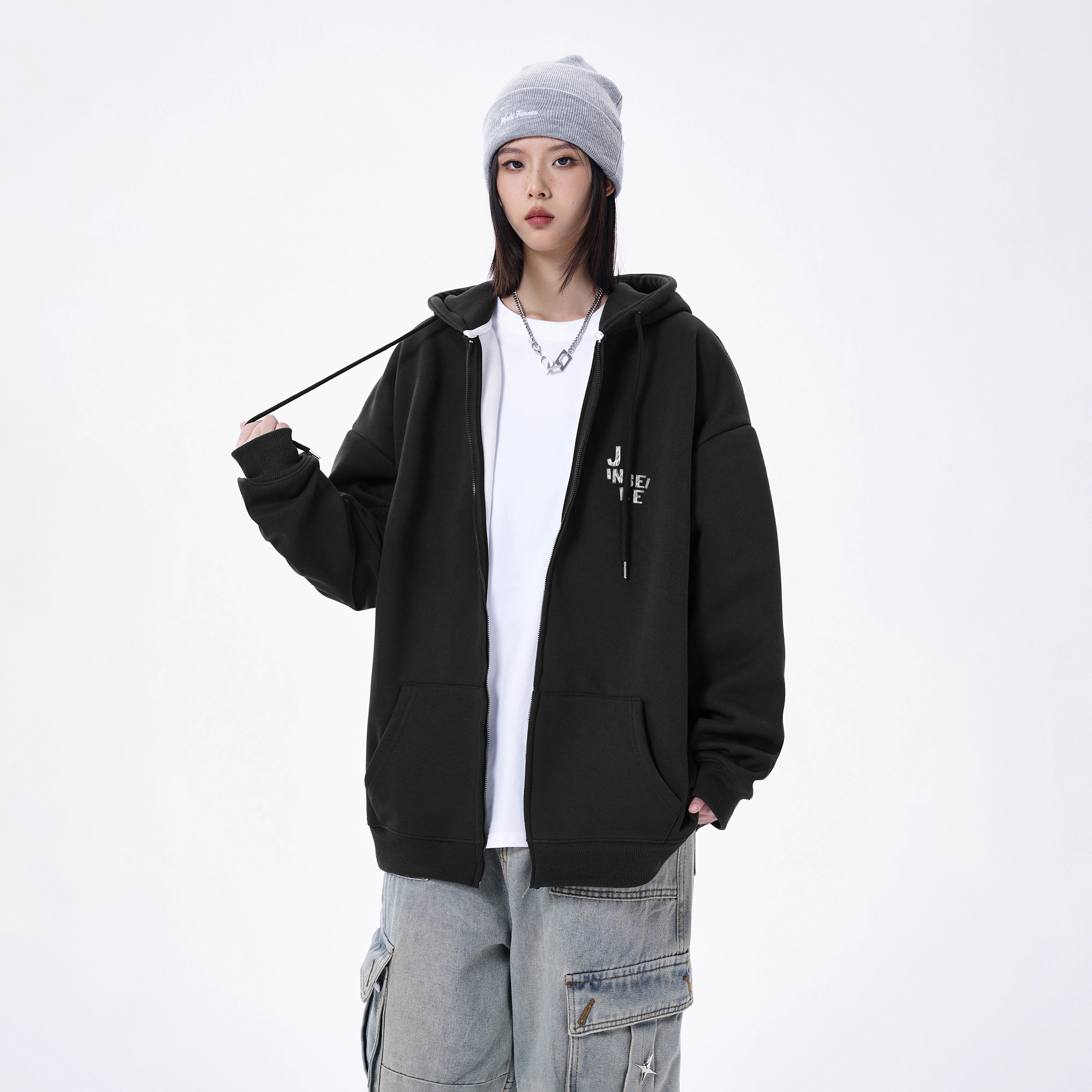 金贝勒 运动百搭休闲星星字母印花宽松落肩开衫拉链连帽卫衣 男女同款
