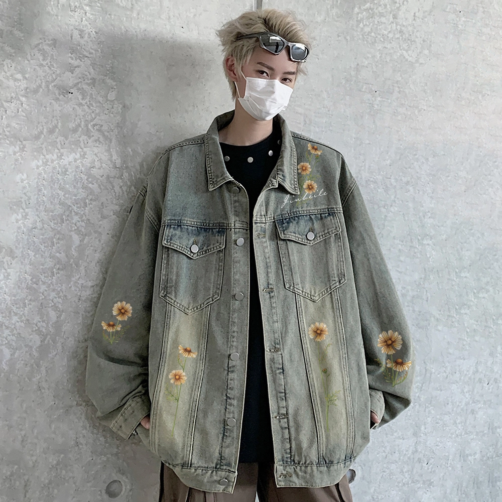 金贝勒 美式高街手绘仿刺绣植物花卉字母印花复古水洗做旧宽松潮流时尚痞帅翻领单排扣牛仔外套 男女同款