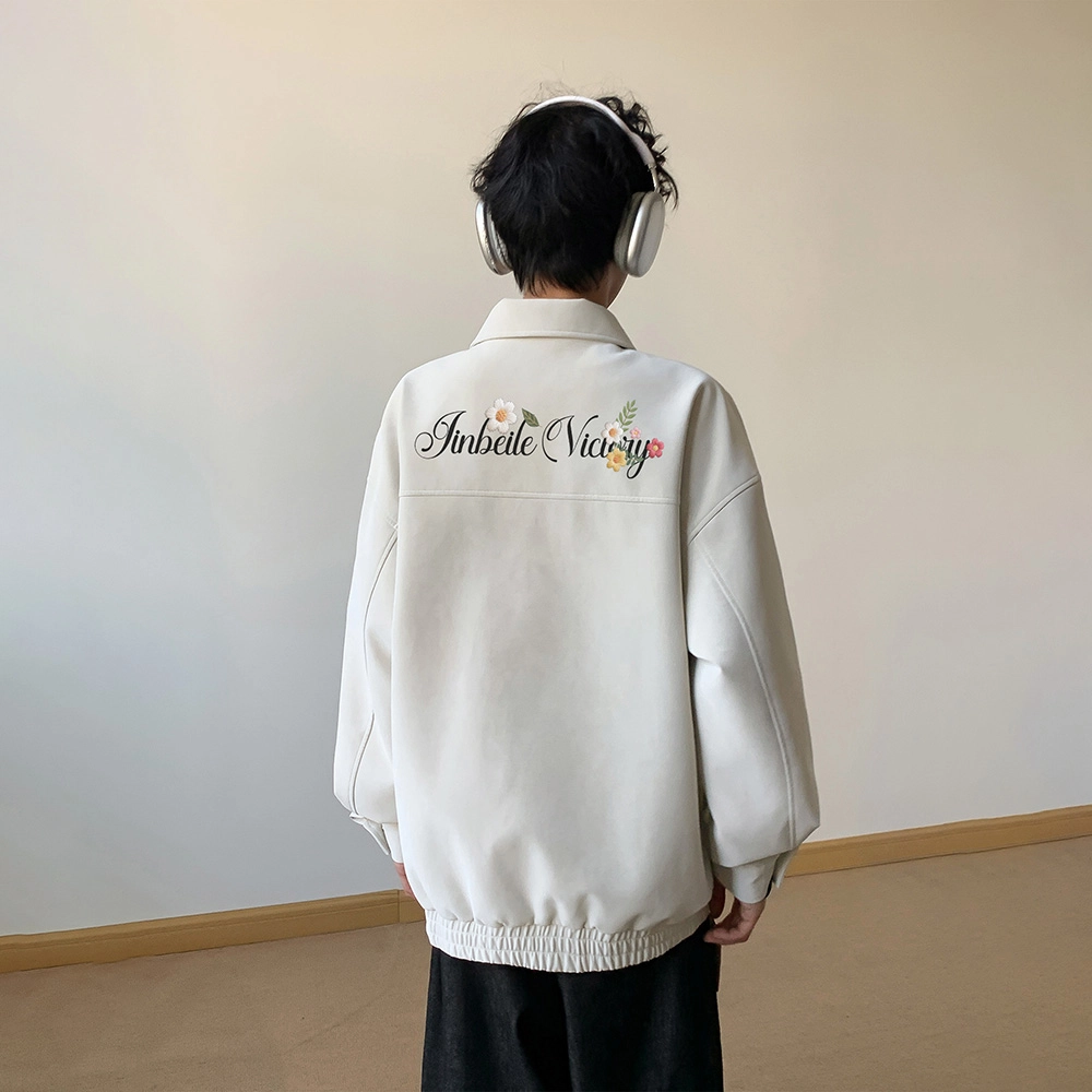 金贝勒 美式高街复古扎染手绘仿刺绣植物花卉字母印花美拉德机车皮外套痞帅潮流无性别主义宽松休闲百搭皮衣 男女同款