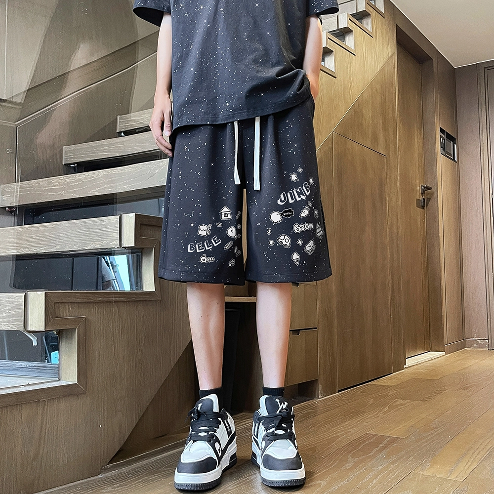 金贝勒 美式高街趣味卡通小标印花系带松紧腰满天星宽松百搭运动五分休闲短裤 男女同款 黑色
