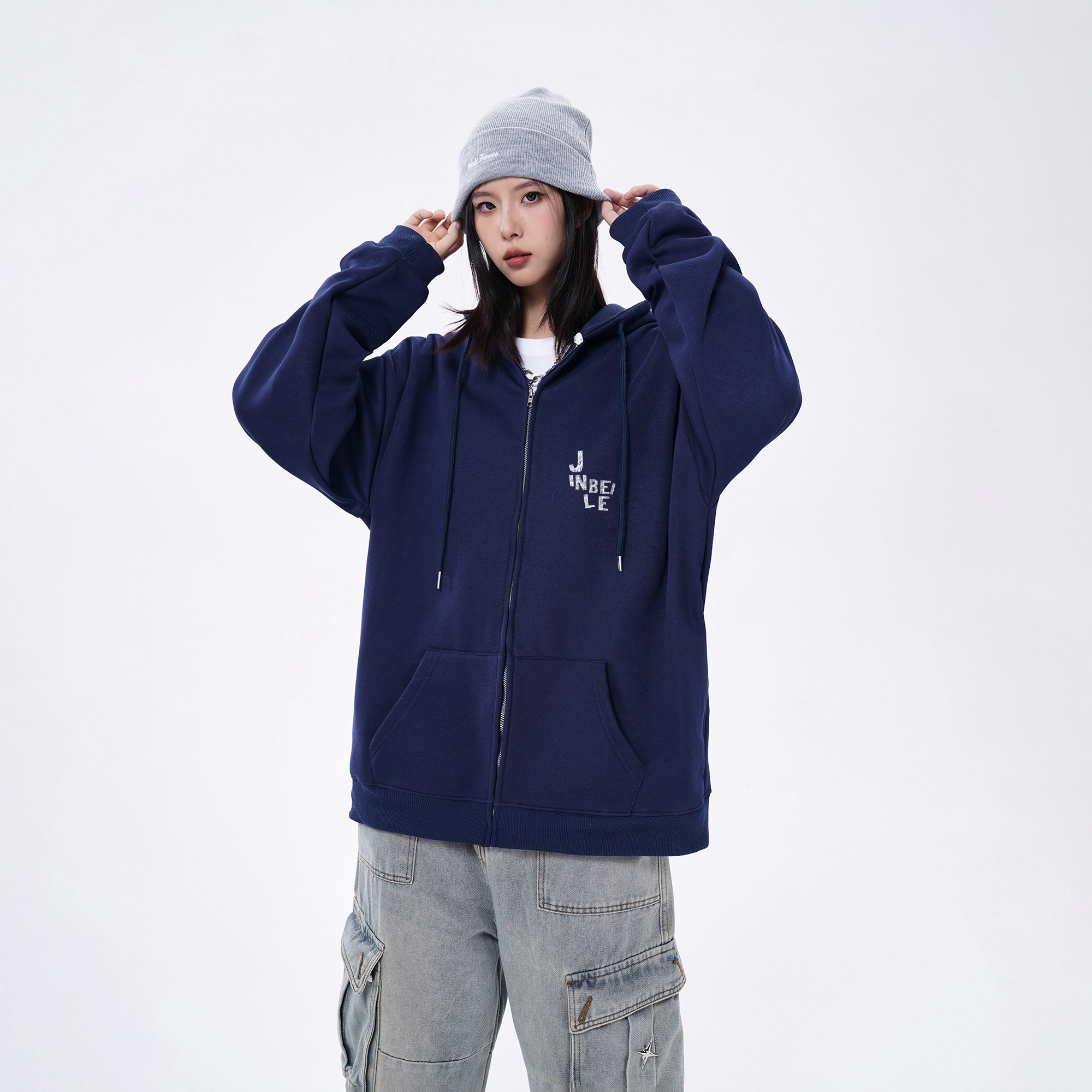 金贝勒 运动百搭休闲星星字母印花宽松落肩开衫拉链连帽卫衣 男女同款