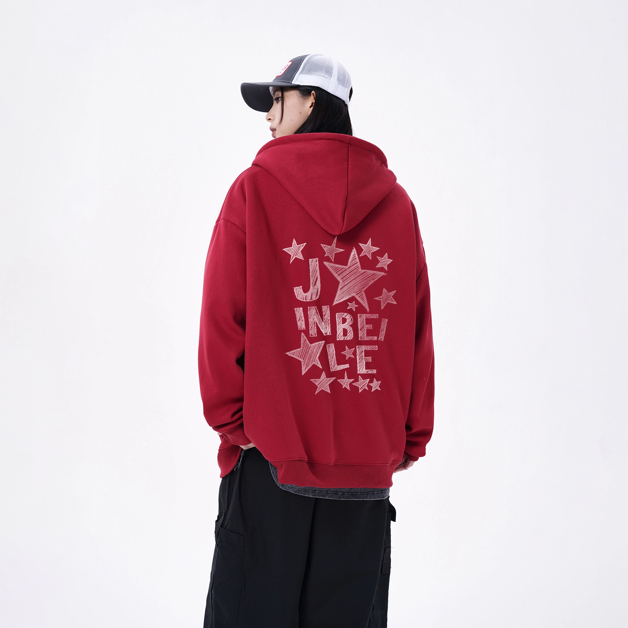 金贝勒 运动百搭休闲星星字母印花宽松落肩开衫拉链连帽卫衣 男女同款