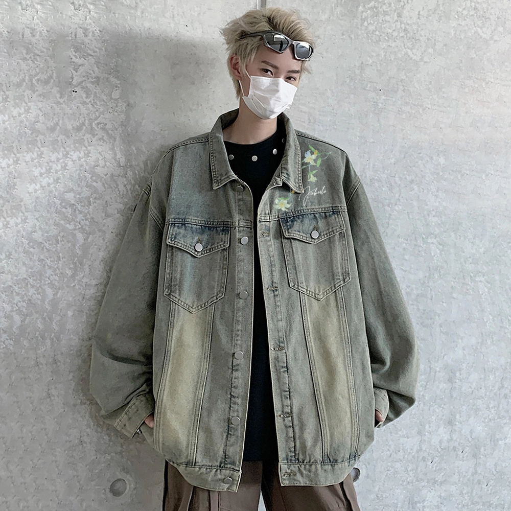 金贝勒 美式高街手绘刺绣植物花卉字母印花复古水洗做旧宽松潮流时尚痞帅慵懒学院翻领单排扣牛仔外套 男女同款