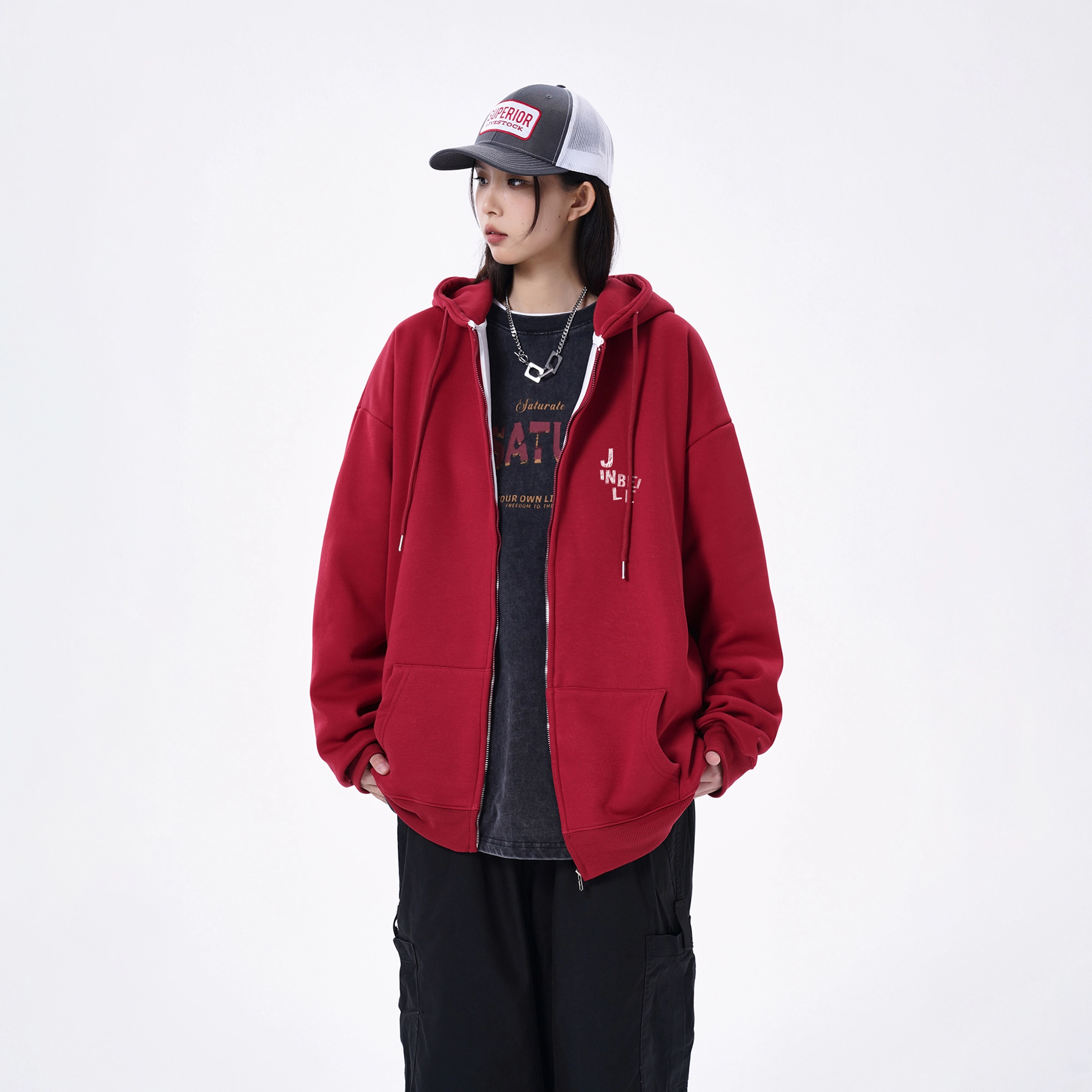 金贝勒 运动百搭休闲星星字母印花宽松落肩开衫拉链连帽卫衣 男女同款