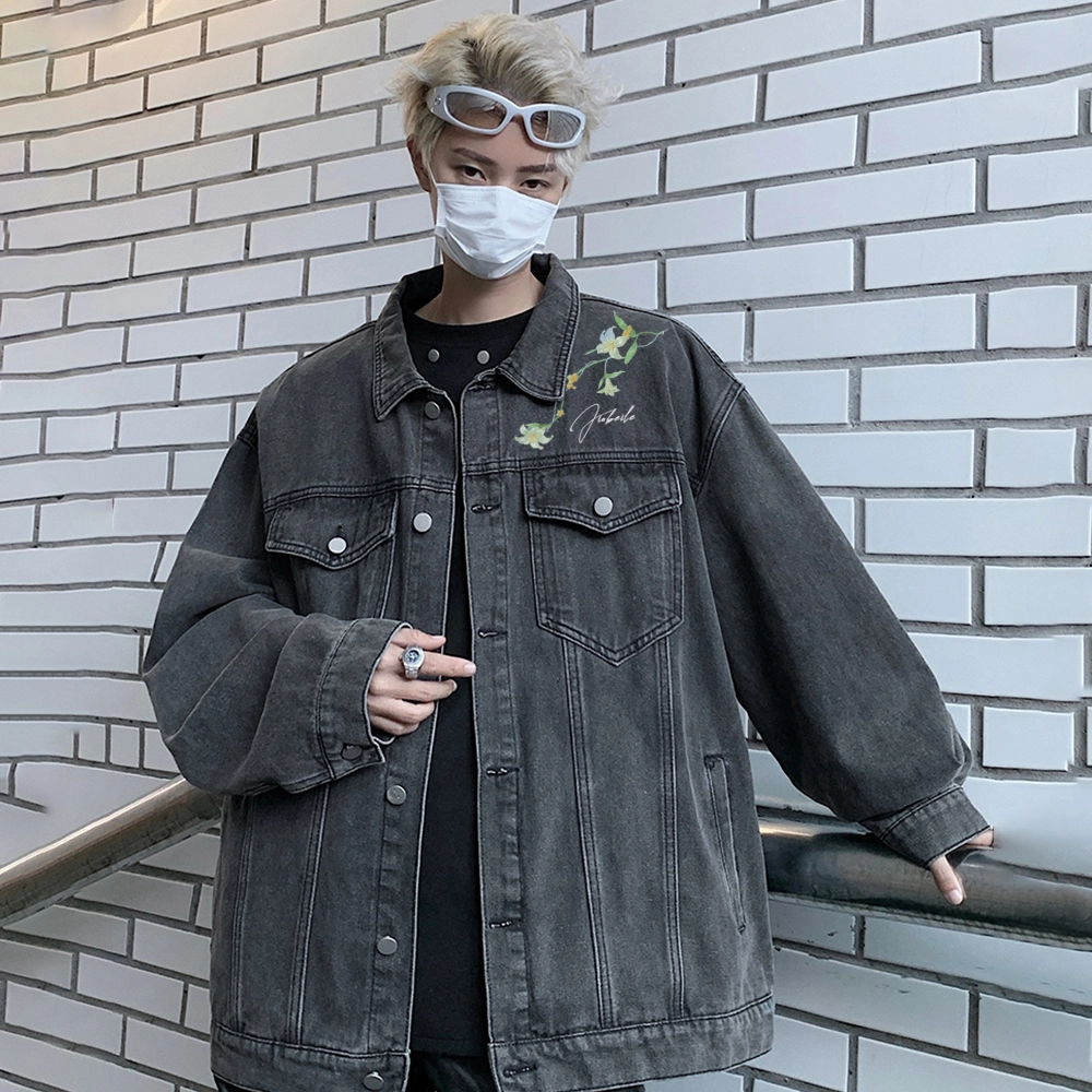 金贝勒 美式高街手绘刺绣植物花卉字母印花复古水洗做旧宽松潮流时尚痞帅慵懒学院翻领单排扣牛仔外套 男女同款