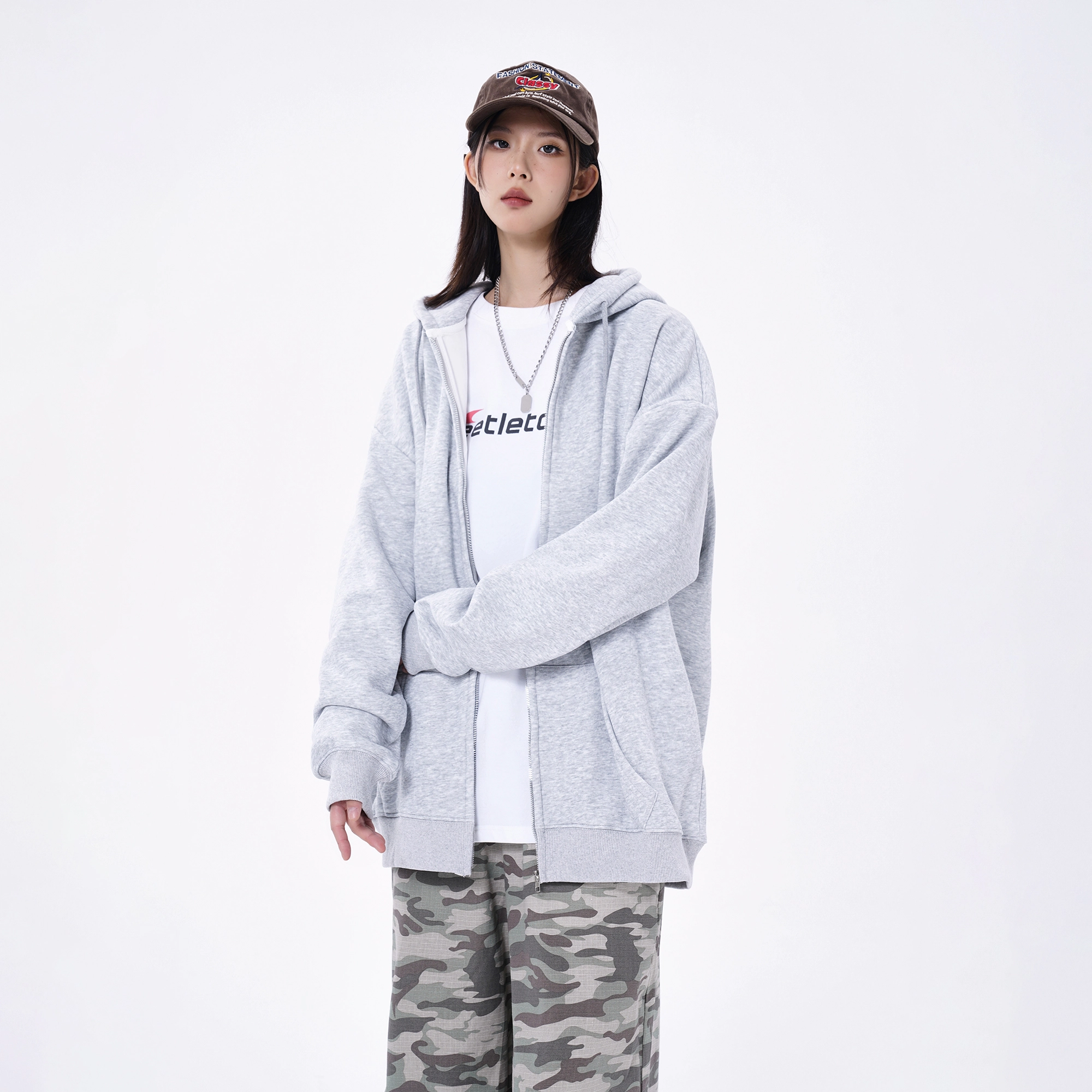 金贝勒 运动百搭休闲星星字母印花宽松落肩开衫拉链连帽卫衣 男女同款