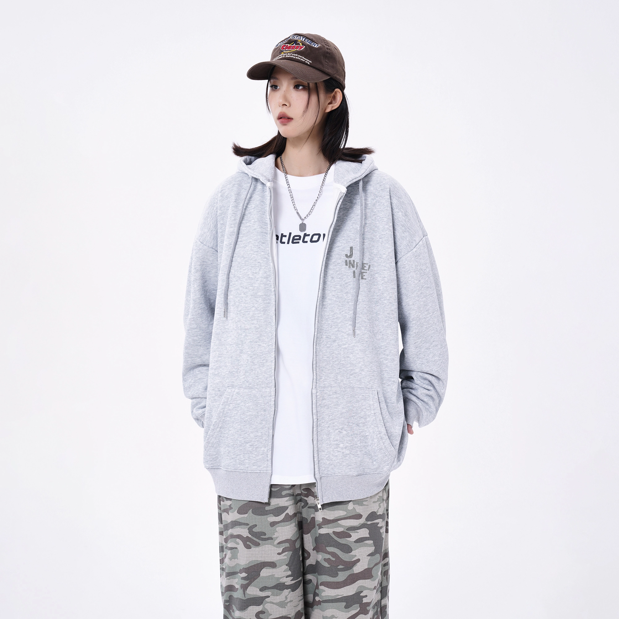 金贝勒 运动百搭休闲星星字母印花宽松落肩开衫拉链连帽卫衣 男女同款