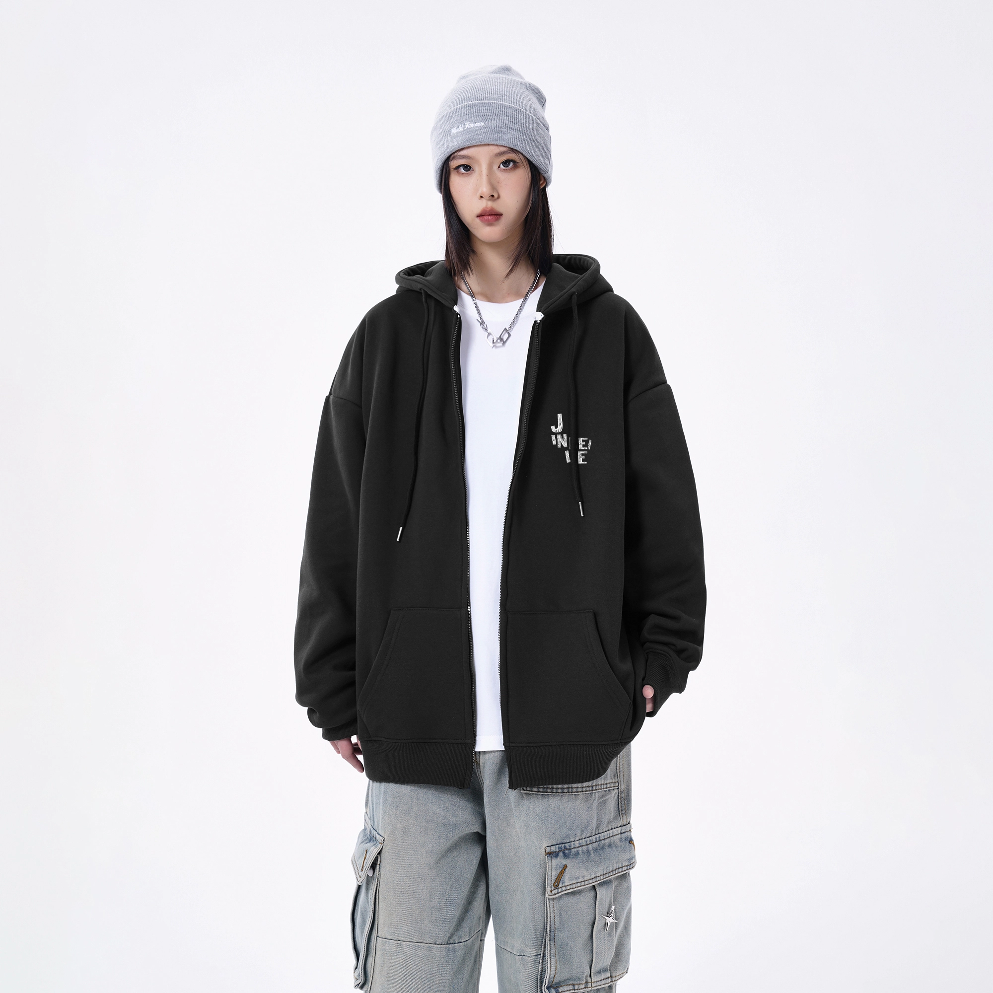 金贝勒 运动百搭休闲星星字母印花宽松落肩开衫拉链连帽卫衣 男女同款
