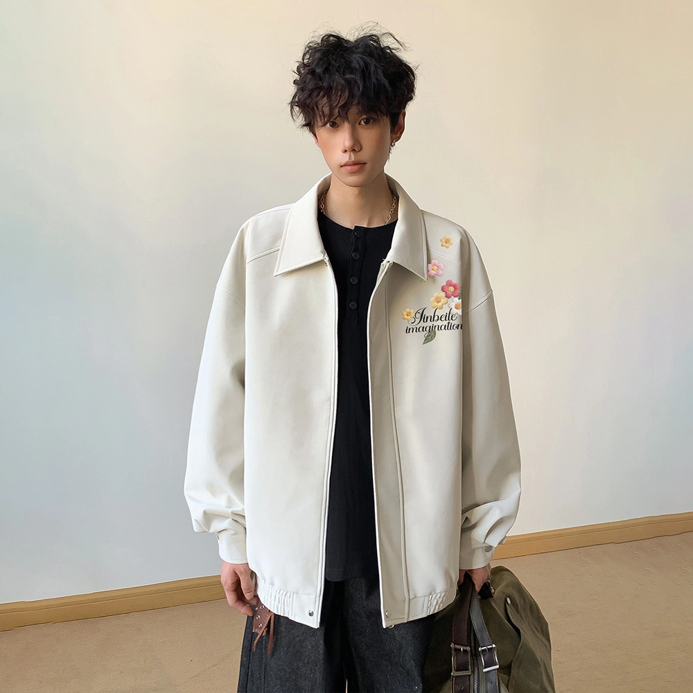 金贝勒 美式高街复古扎染手绘仿刺绣植物花卉字母印花美拉德机车皮外套痞帅潮流无性别主义宽松休闲百搭皮衣 男女同款