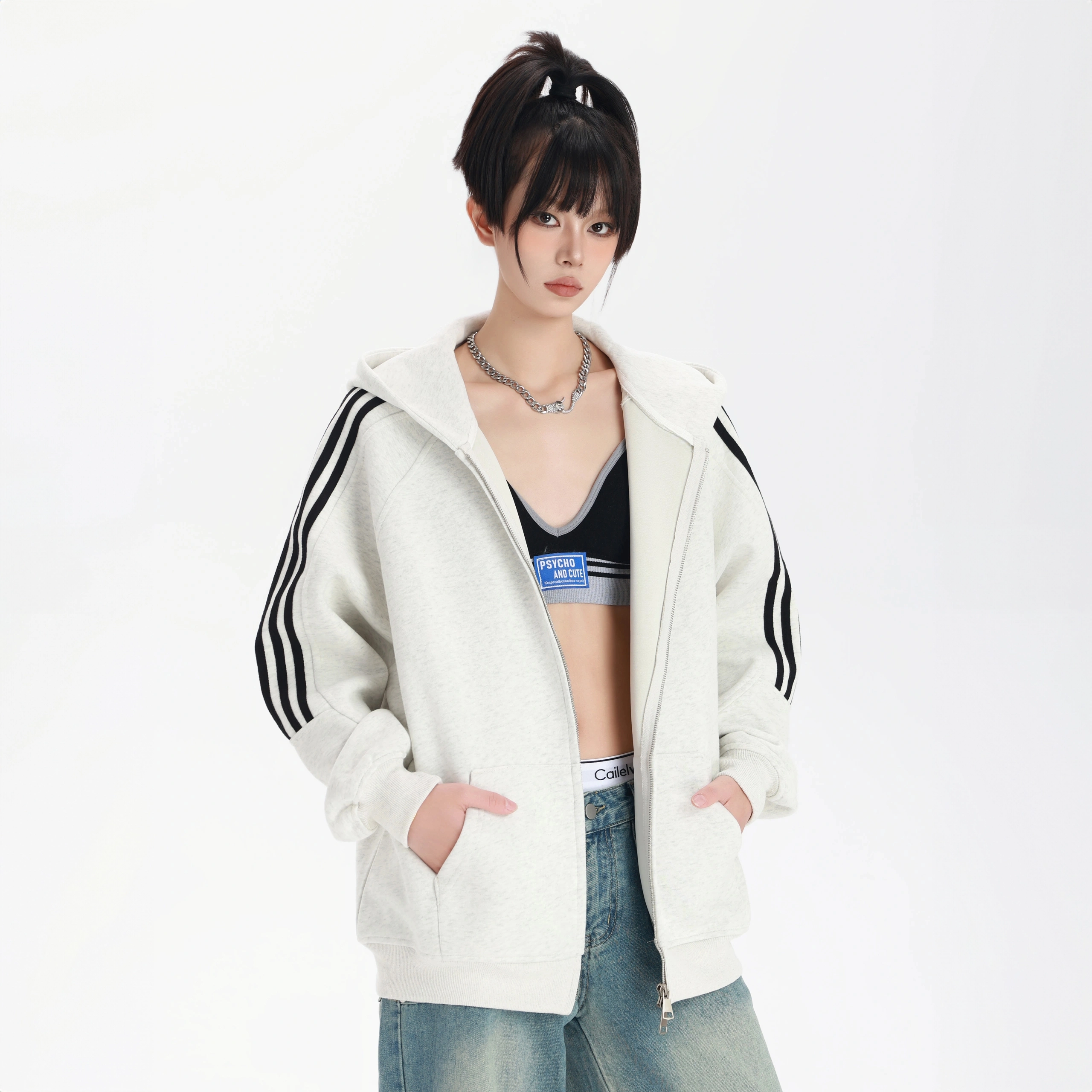 拾个壹先生 美式复古学院风宽松连帽撞色条纹运动开衫百搭休闲卫衣 男女同款