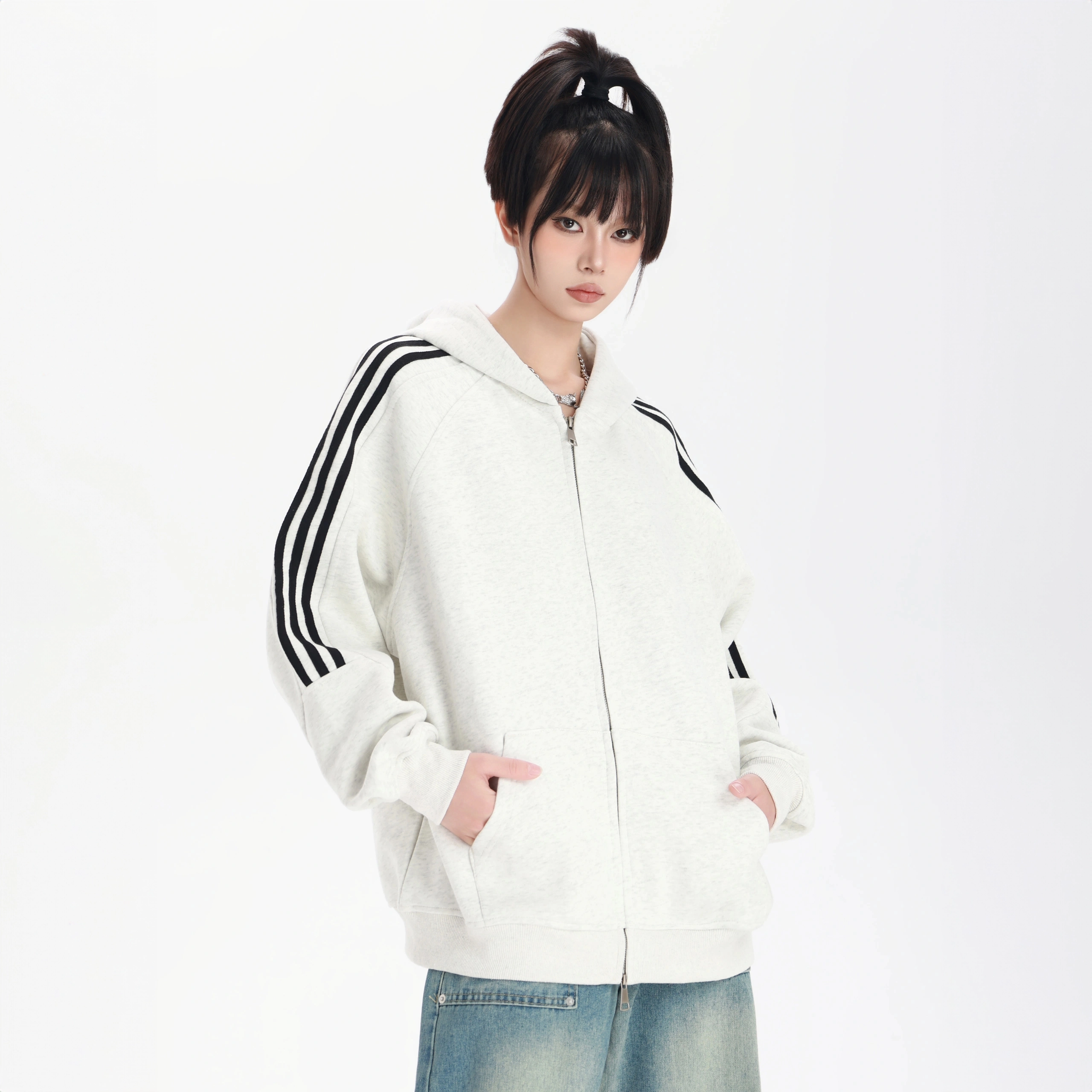拾个壹先生 美式复古学院风宽松连帽撞色条纹运动开衫百搭休闲卫衣 男女同款