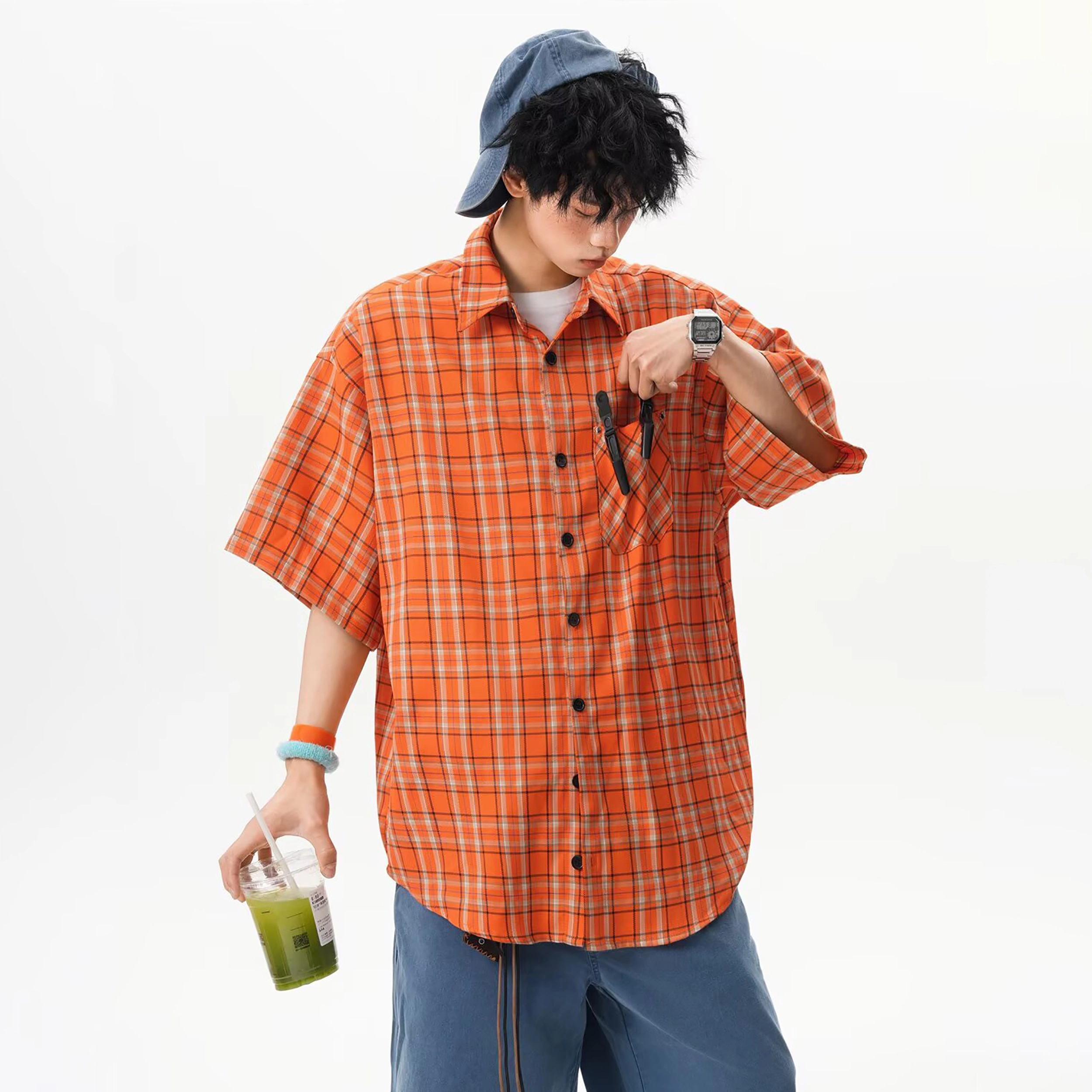 拾个壹先生 韩版美式小众潮流格子短袖衬衫 男款