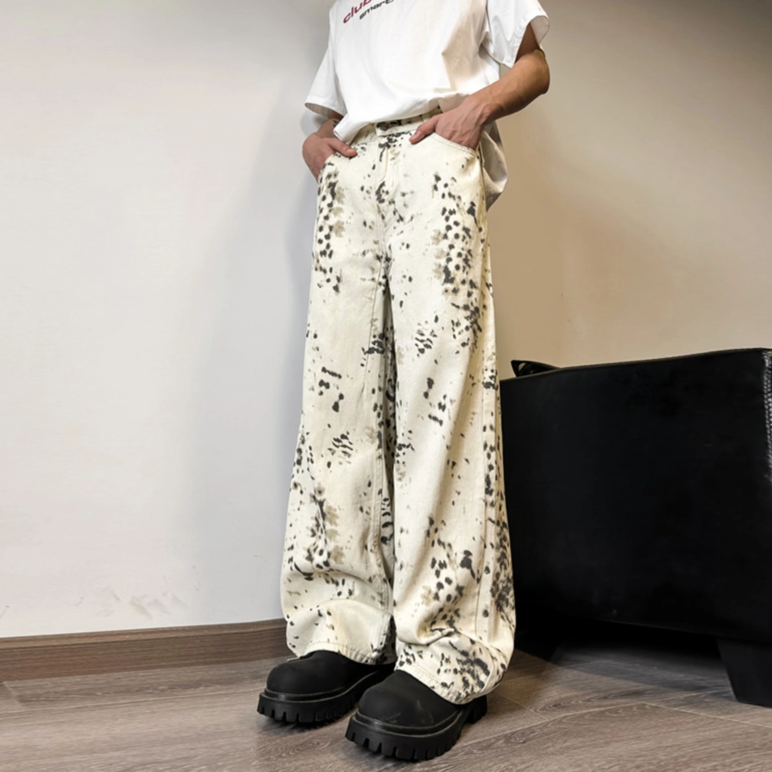 悍戈 美式高街复古潮流宽松透气阔腿休闲运动裤牛仔裤 男女同款