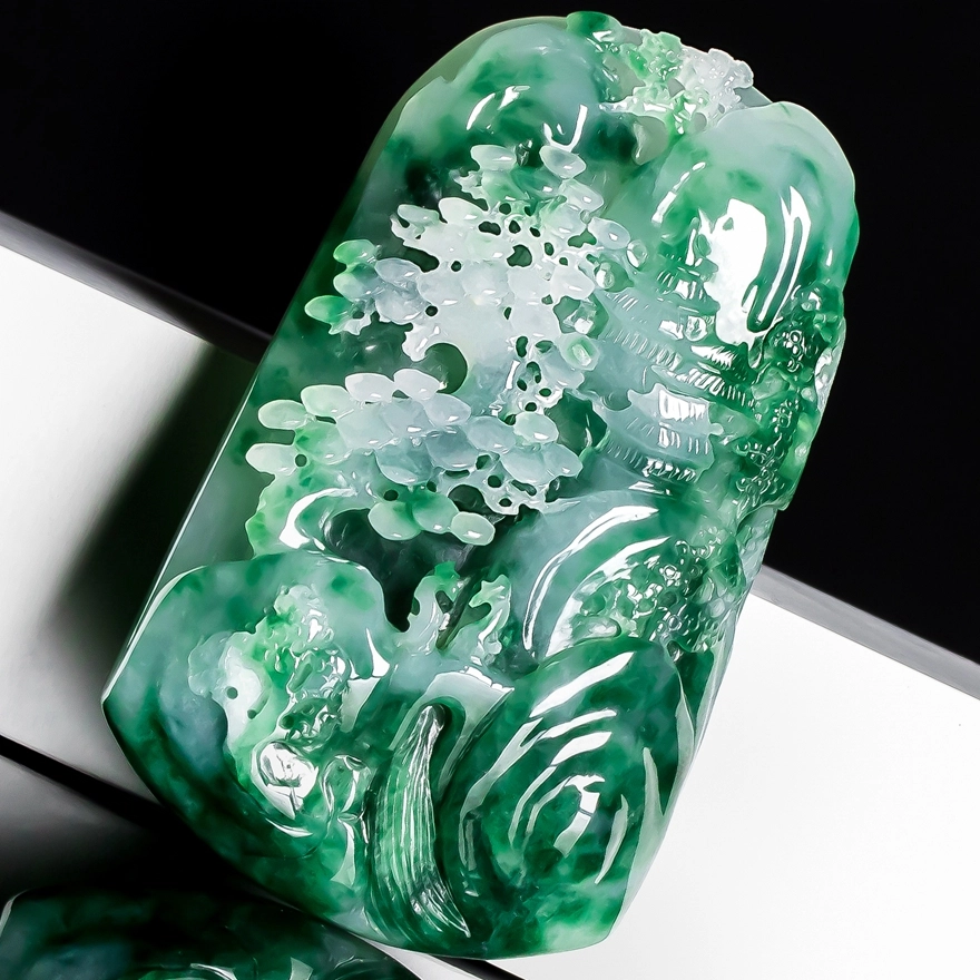 缘林玉 老坑 浅绿飘花山水牌玉挂件 大好河山 糯冰 翡翠吊坠 男款