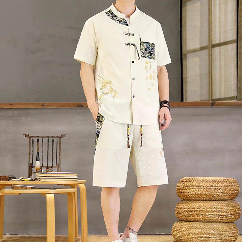 大白鲨 轻奢中国风新中式短袖短裤男士夏季薄款冰丝宽松唐装汉服休闲运动套装 男女同款