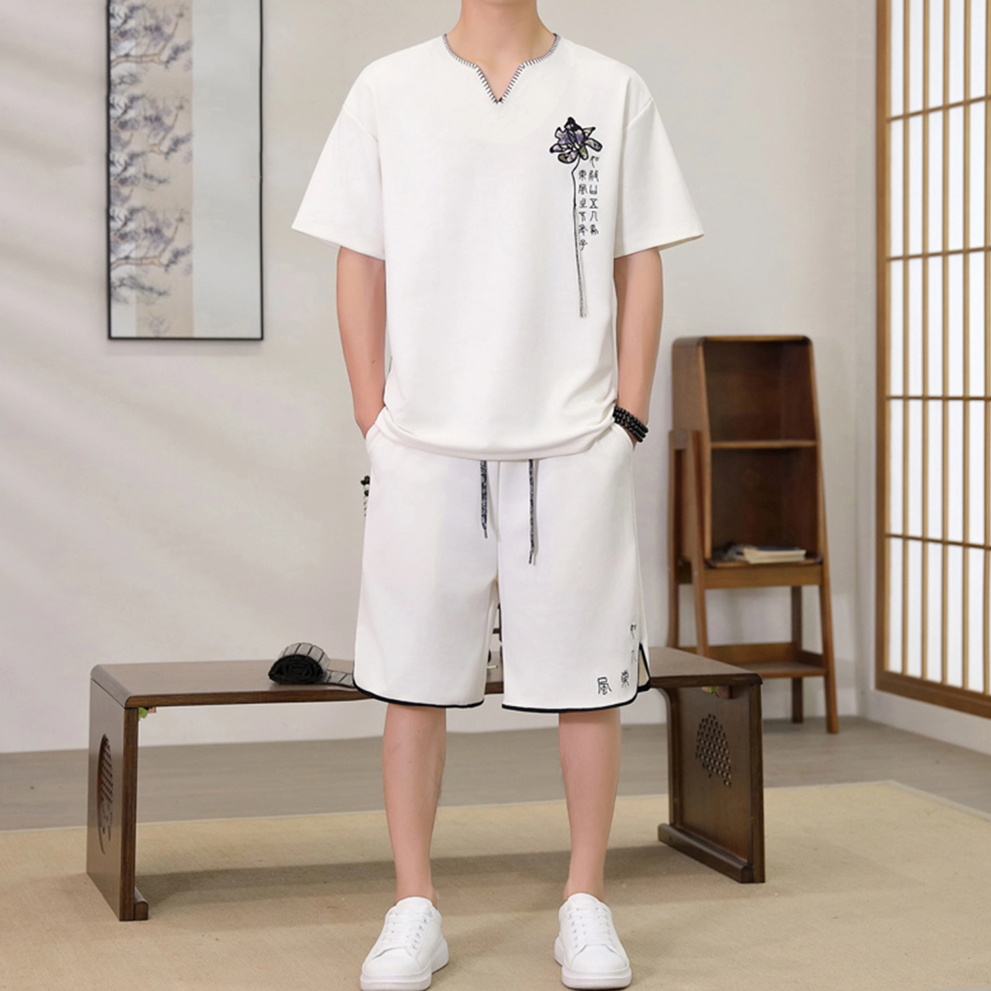 大白鲨 新中式轻奢一套衣服夏季国风两件套冰丝短袖短裤休闲运动套装 男女同款