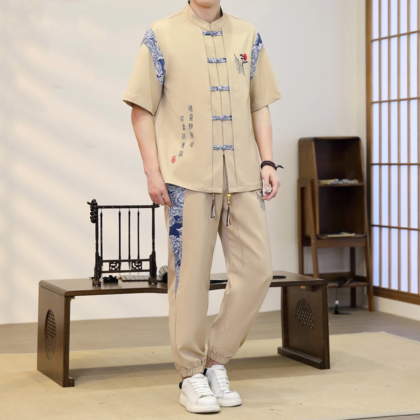 大白鲨 品牌中国风轻奢刺绣唐装新中式植物花卉立领宽松休闲运动套装 男女同款