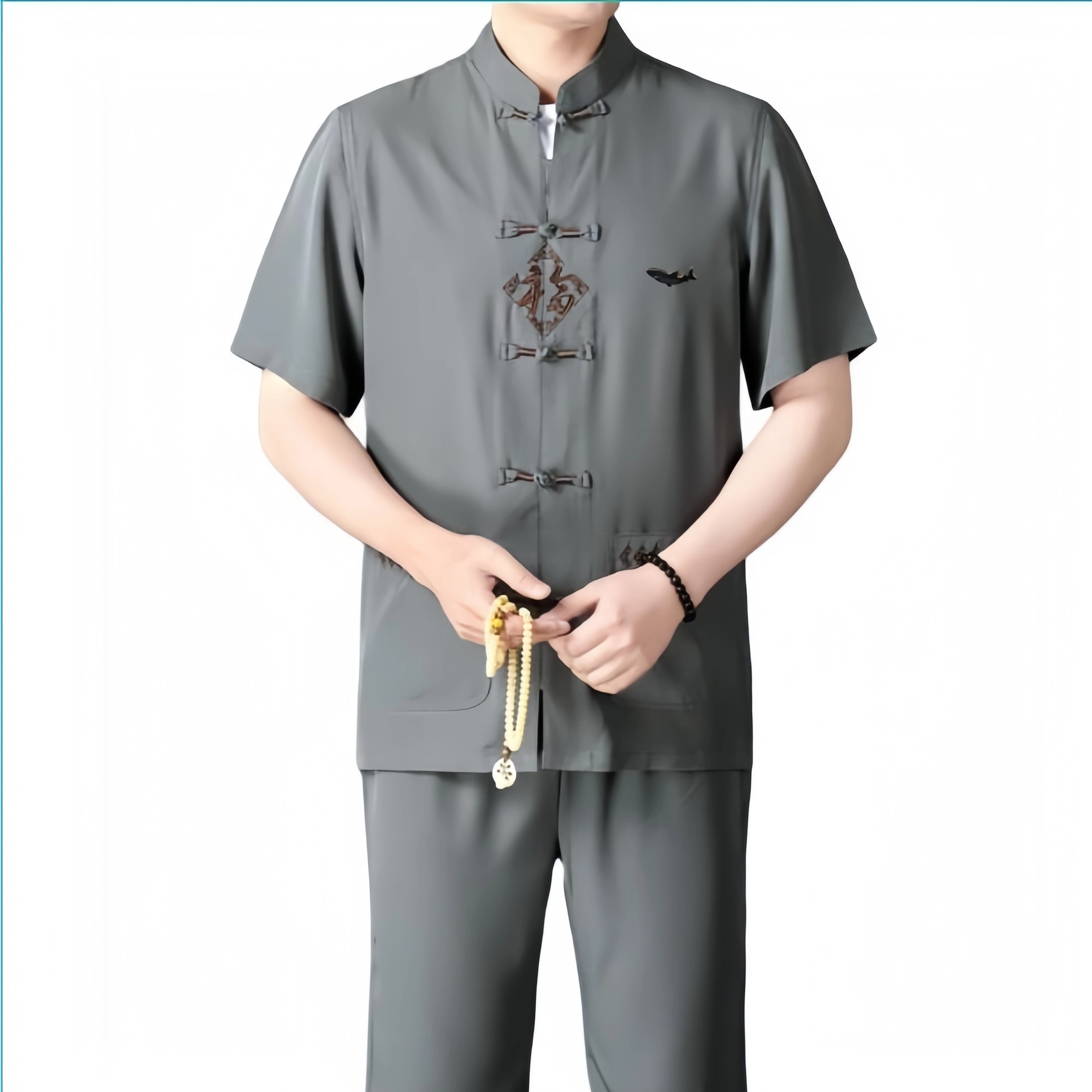 大白鲨 中老年唐装夏装男士中国风亚麻短袖中式老年人衣服休闲运动套装 男款
