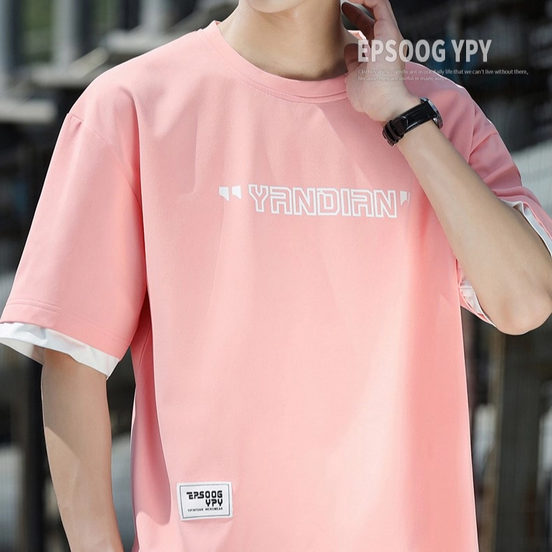 大白鲨 潮流冰丝感速干假两件短袖青少年一套衣服搭配休闲运动套装 男款