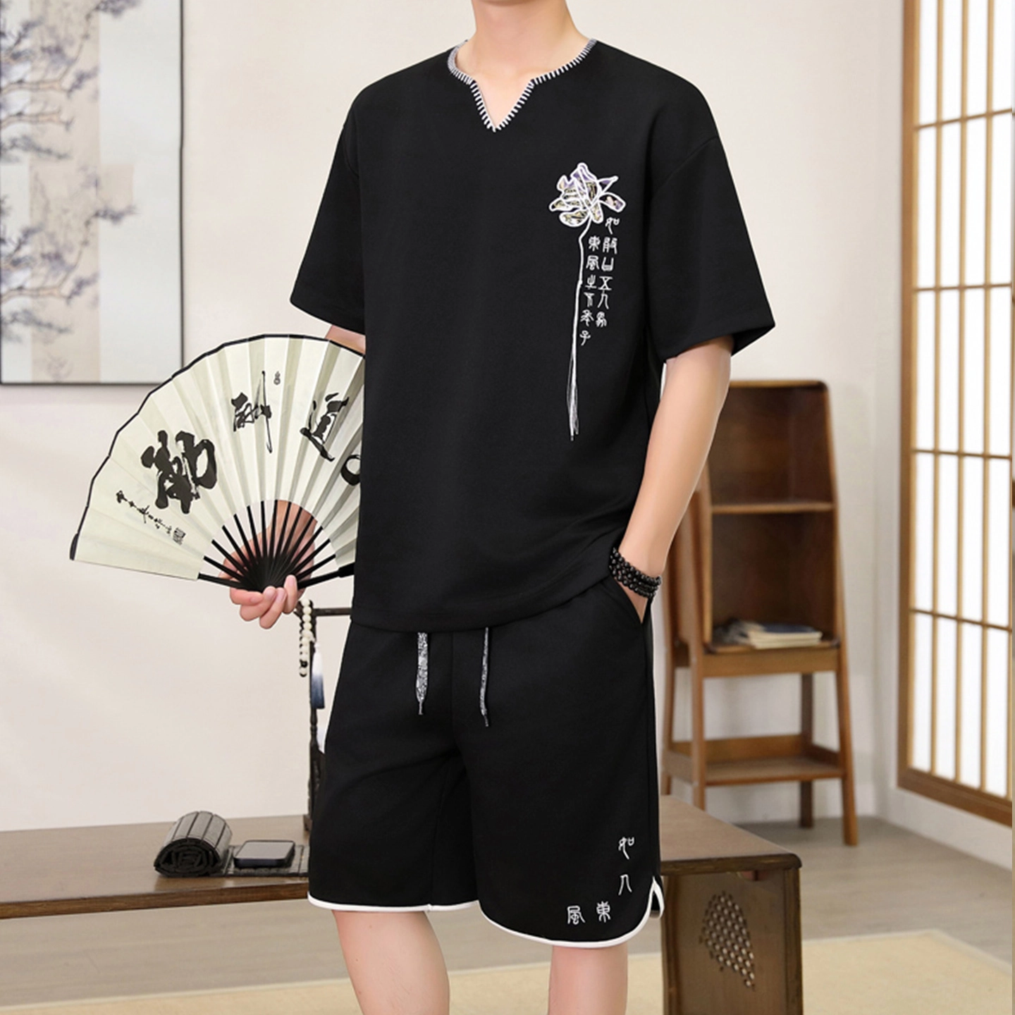 大白鲨 新中式轻奢一套衣服夏季国风两件套冰丝短袖短裤休闲运动套装 男女同款