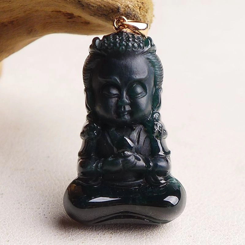 芳翠缘 正品天然墨翠立体宝宝佛玉 糯种 吊坠 男女同款情侣款