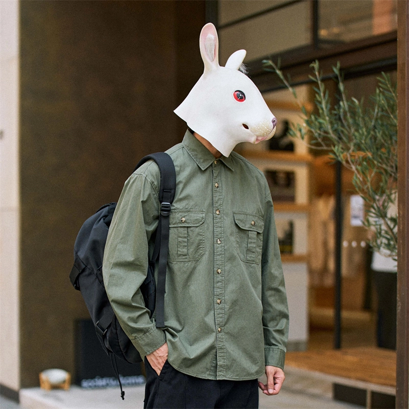 兔先森 纯棉美式复古纯色水洗后背褶皱时尚潮牌宽松长袖衬衫 男女同款