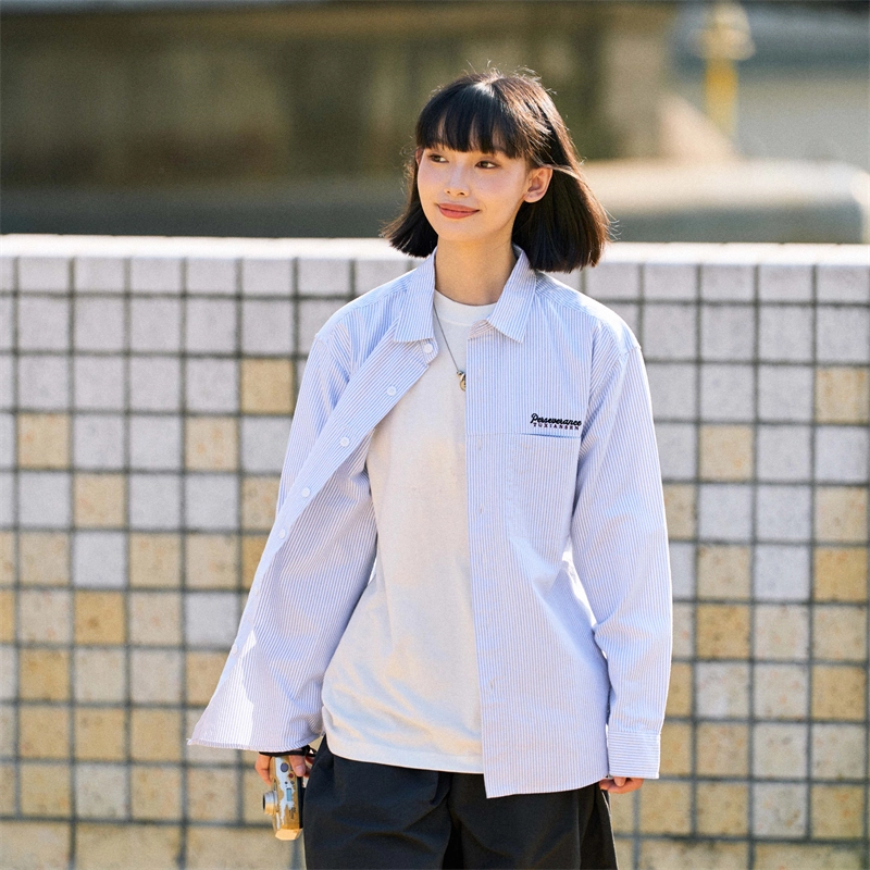 兔先森 纯棉条纹字母刺绣外套夹克长袖衬衫 男女同款
