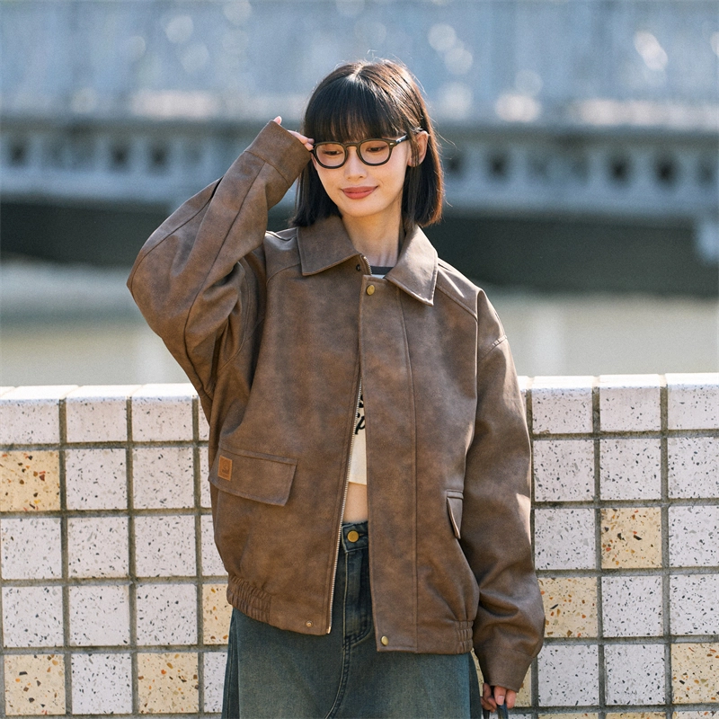兔先森 美式复古做旧机车服宽松纯色皮衣 男女同款