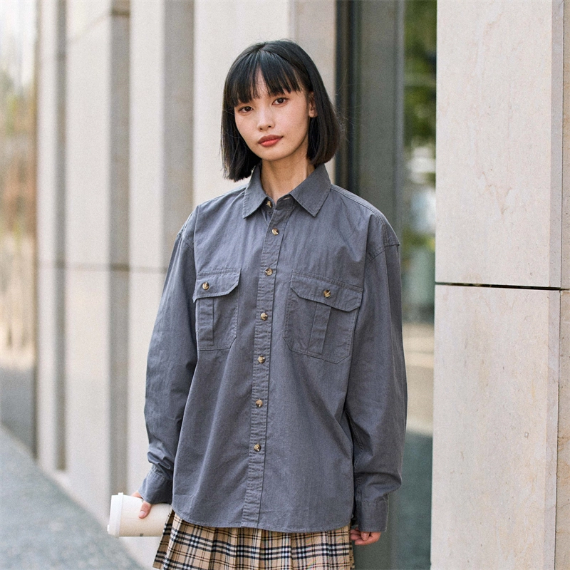 兔先森 纯棉美式复古纯色水洗后背褶皱时尚潮牌宽松长袖衬衫 男女同款