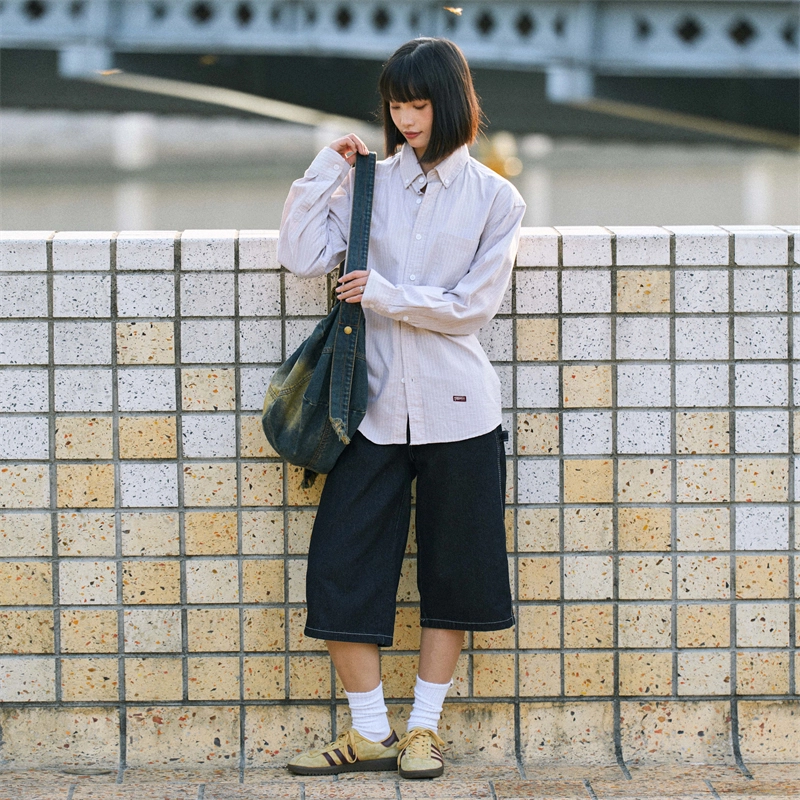 兔先森 简约休闲时尚条纹纯棉外套长袖衬衫 男女同款