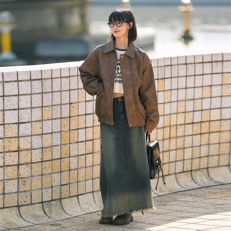 兔先森 美式复古做旧机车服宽松纯色皮衣 男女同款