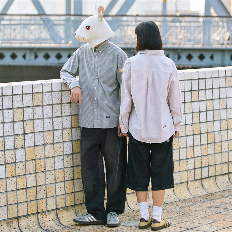 兔先森 简约休闲时尚条纹纯棉外套长袖衬衫 男女同款