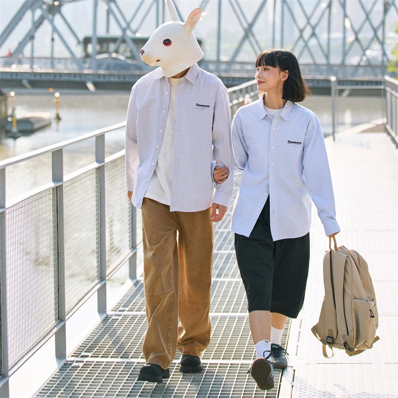 兔先森 纯棉条纹字母刺绣外套夹克长袖衬衫 男女同款