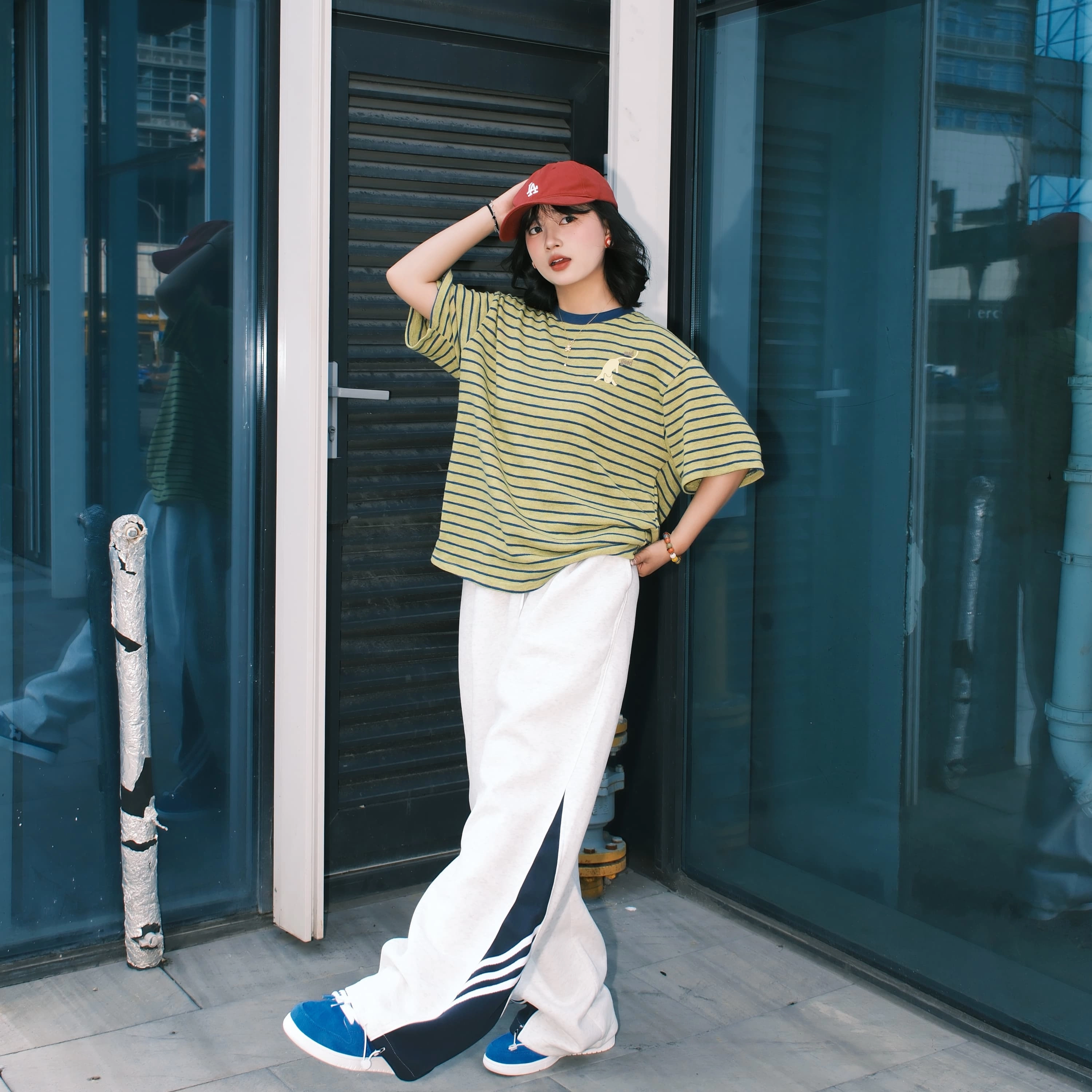 兔先森 重磅美式复古高街时尚百搭条纹拼接撞色运动风柔软亲肤垂感宽松直筒休闲裤 男女同款