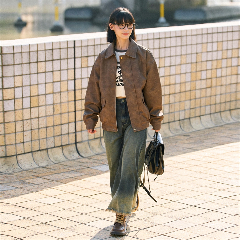 兔先森 美式复古做旧机车服宽松纯色皮衣 男女同款