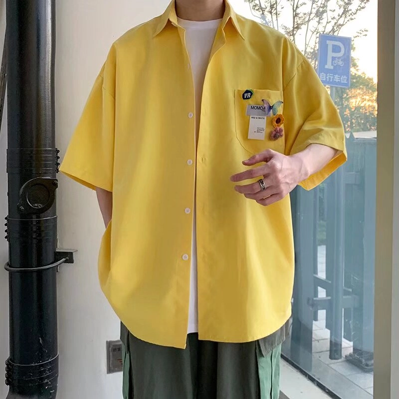 玉儿恋 美式复古高街植物花卉字母图案慵懒宽松学院风翻领落肩短袖时尚百搭衬衫 男女同款