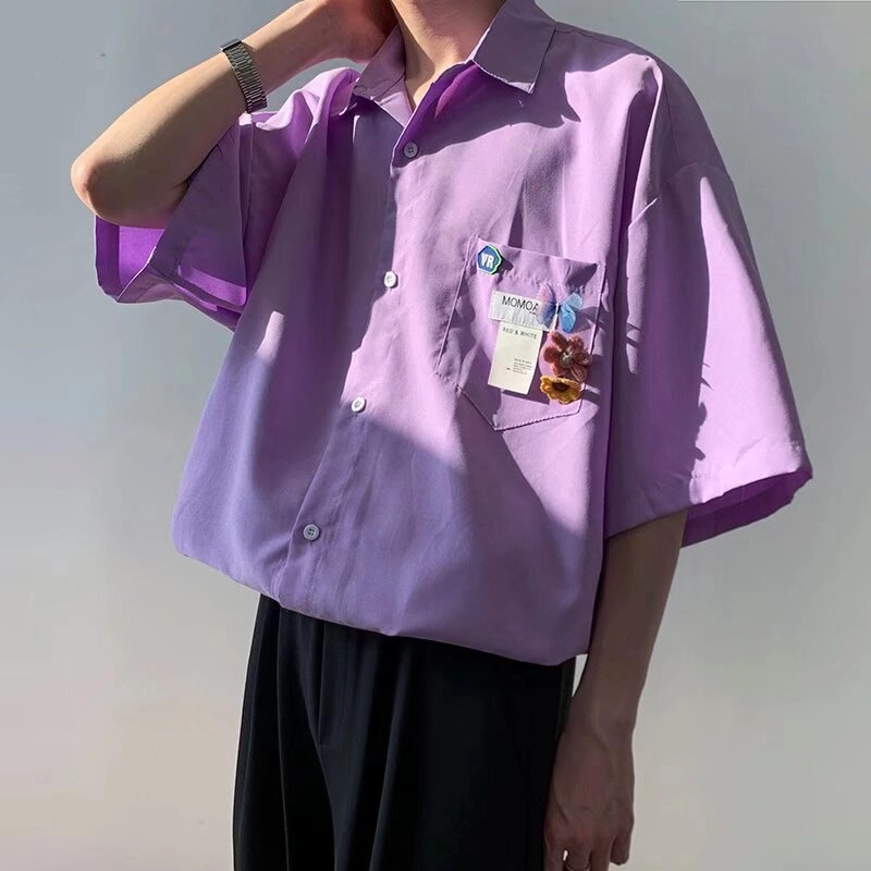 玉儿恋 美式复古高街植物花卉字母图案慵懒宽松学院风翻领落肩短袖时尚百搭衬衫 男女同款