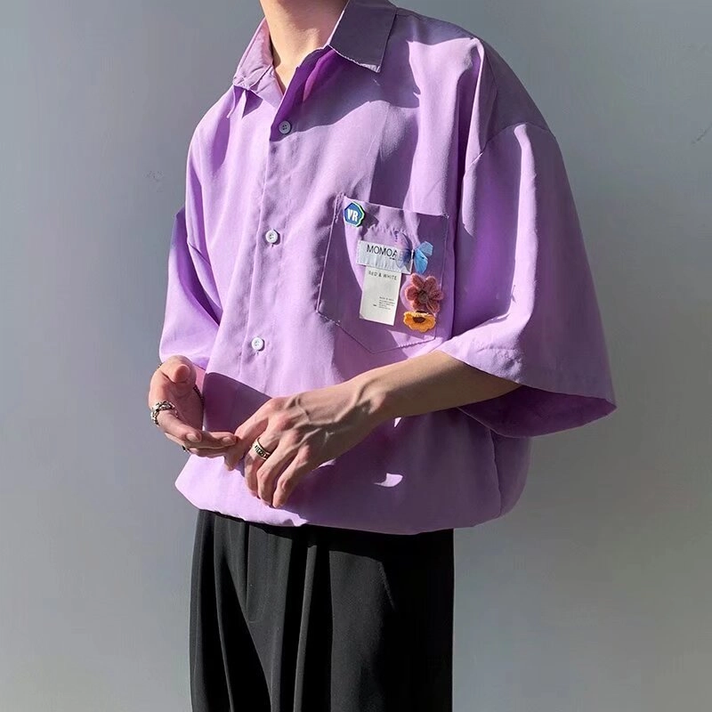 玉儿恋 美式复古高街植物花卉字母图案慵懒宽松学院风翻领落肩短袖时尚百搭衬衫 男女同款