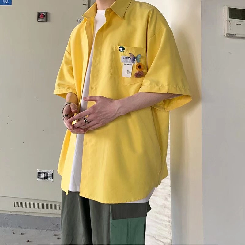 玉儿恋 美式复古高街植物花卉字母图案慵懒宽松学院风翻领落肩短袖时尚百搭衬衫 男女同款