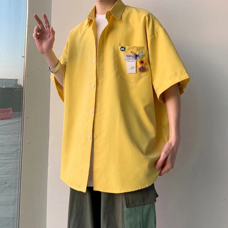玉儿恋 美式复古高街植物花卉字母图案慵懒宽松学院风翻领落肩短袖时尚百搭衬衫 男女同款