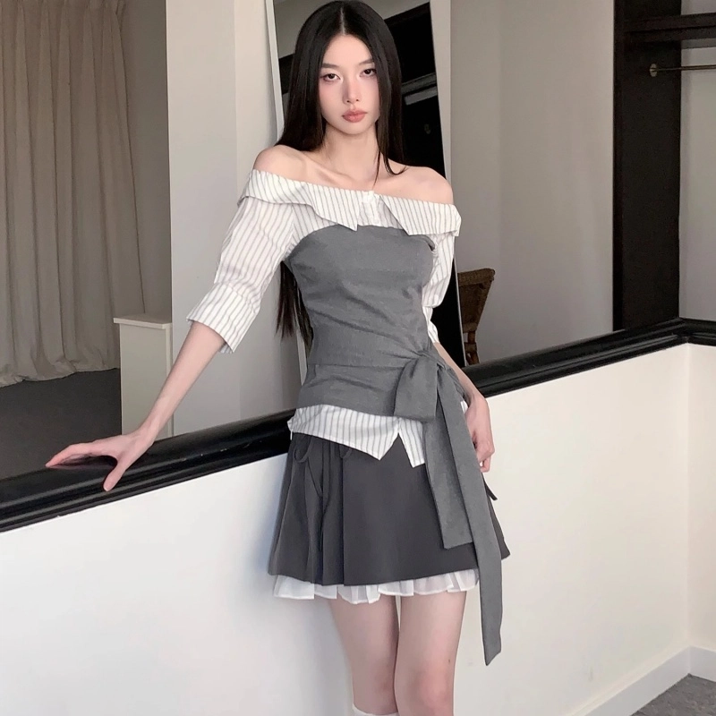 费尔岛上的猫 学院风拼接绑带设计感上衣半身裙组合裙装套装 女款