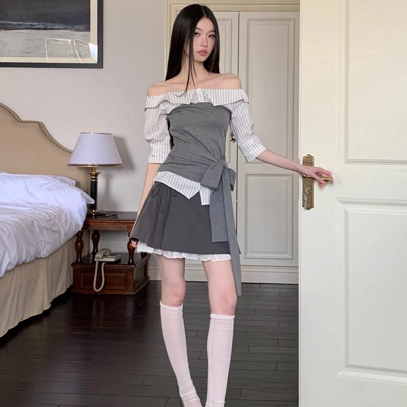 费尔岛上的猫 学院风拼接绑带设计感上衣半身裙组合裙装套装 女款