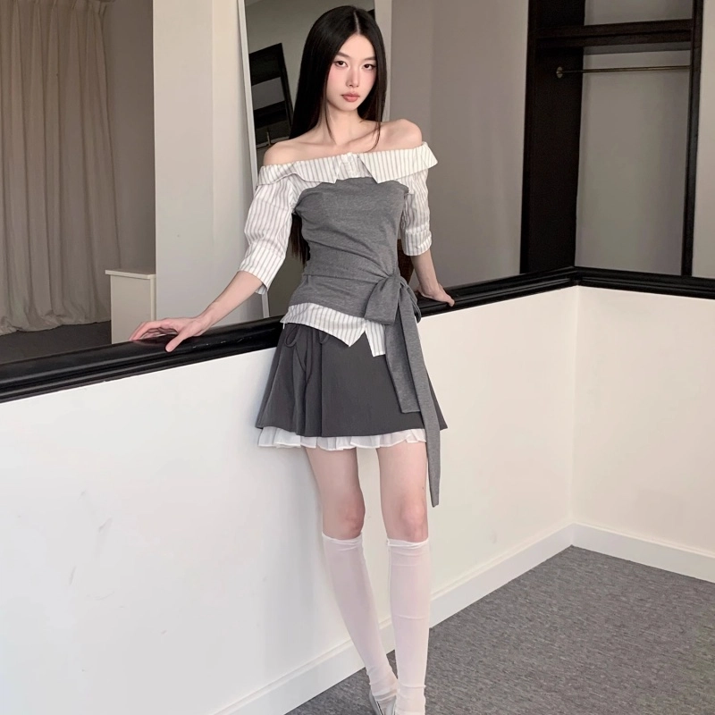 费尔岛上的猫 学院风拼接绑带设计感上衣半身裙组合裙装套装 女款
